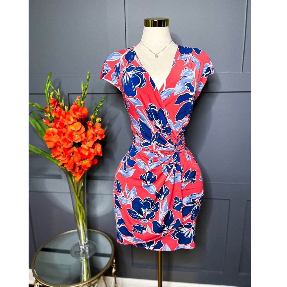 Tommy Bahama Pink and Blue Ruched Wrap Mini Dress